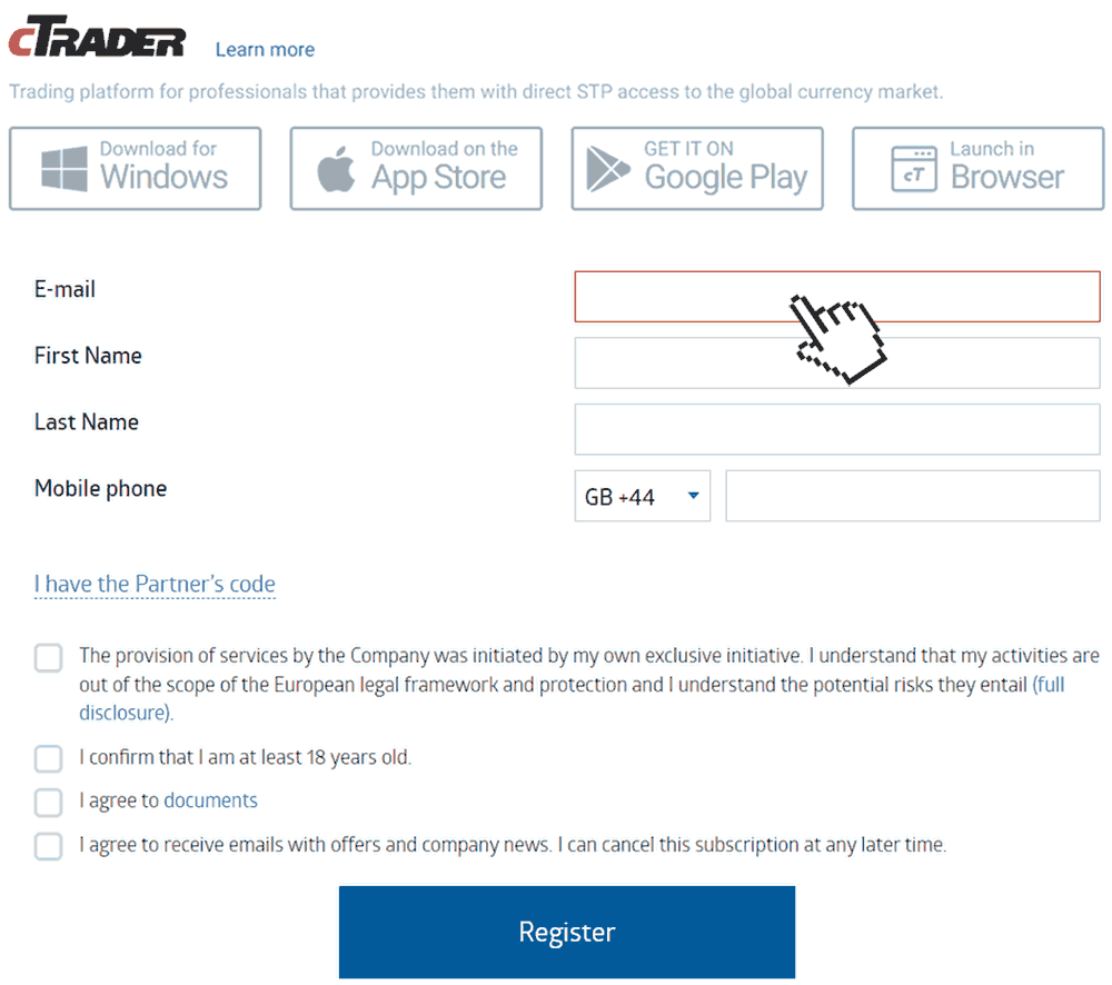 cTrader broker registration