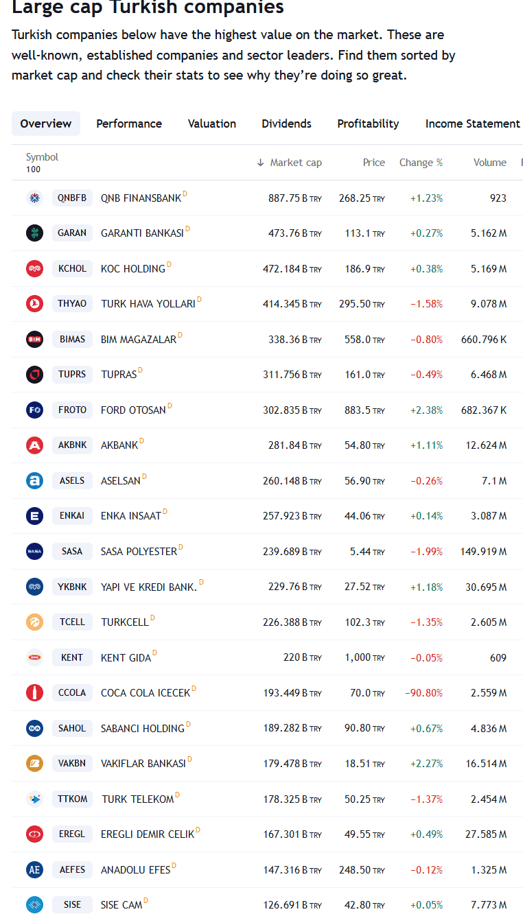 Largest cap Turkish stock list